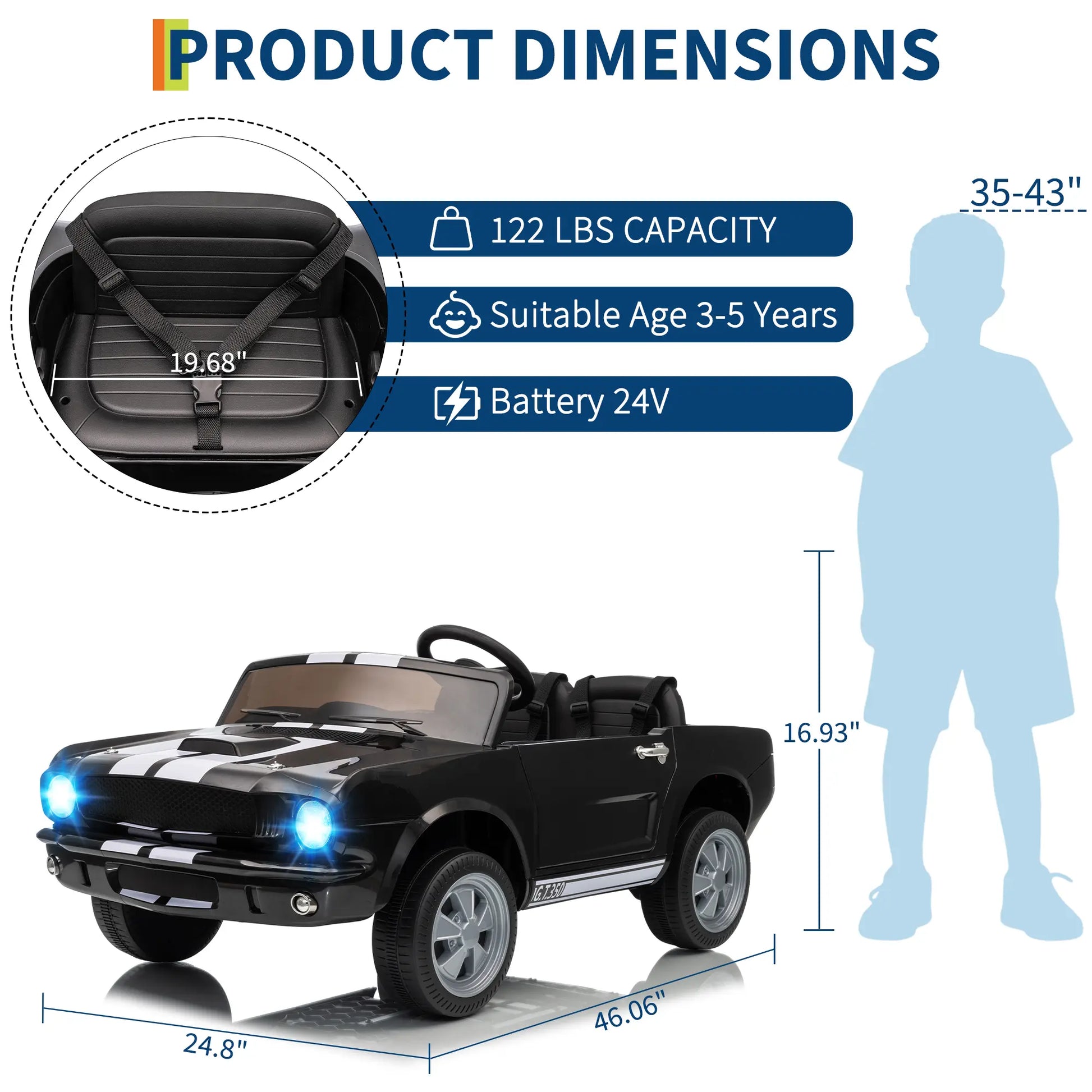 24V Electric Car for Kids, Battery Powered Ride on Toy with Remote Control, Safety Belt, 2 Speeds, LED Lights, Kids Electric Vehicle for Christmas Birthday New Year Gifts